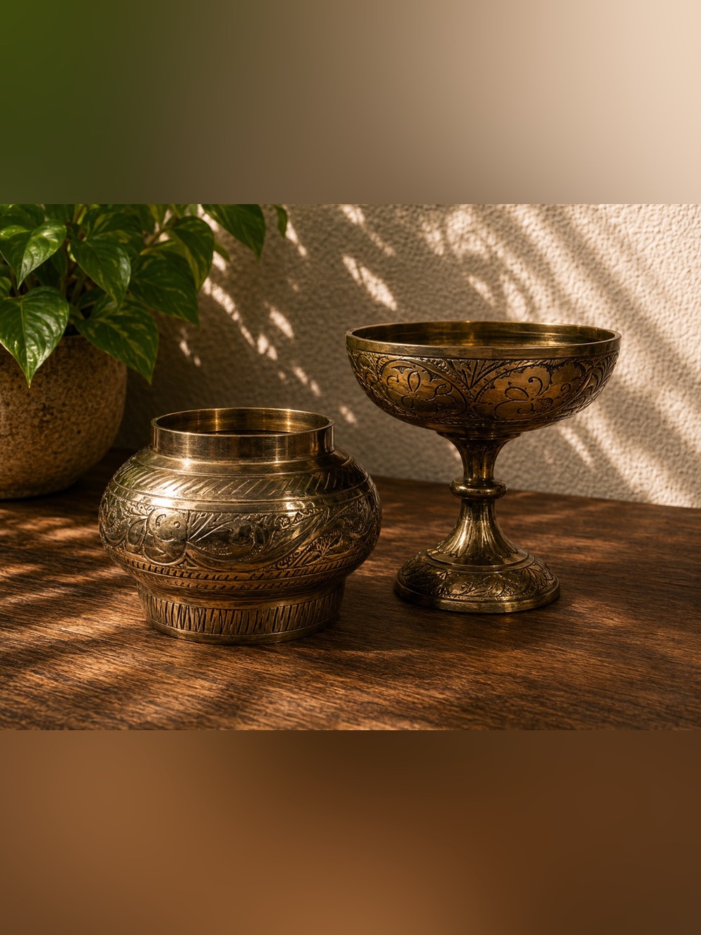 ✨ Vintage Hand-Etched Brass Trinket & Pedestal Bowl Set • Jewelry Holder Art ✨